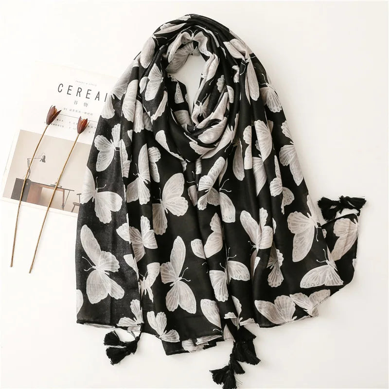 Luxury Brand Viscose Scarf for Women Floral Tassel Shawl Printed Wrap Pashminas Stole Muslim Woman Hijab Travel Beach Stoles