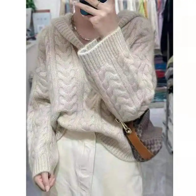 Autumn and winter hooded pullover pure cashmere sweater sweater new languid lazy loose knitting sweater women add thick twist sw