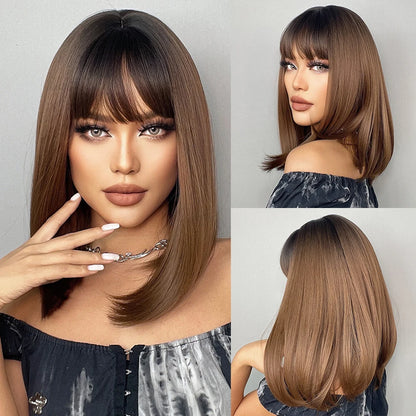 Element 16 Inch Synthetic Wig With Bangs Natural Headline Ombre Brown Color Fashion Cosplay Party Replacement Wigs for Women