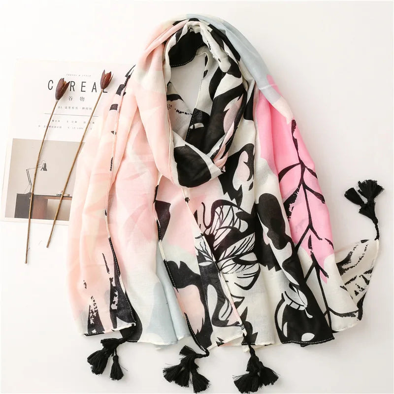 Luxury Brand Viscose Scarf for Women Floral Tassel Shawl Printed Wrap Pashminas Stole Muslim Woman Hijab Travel Beach Stoles