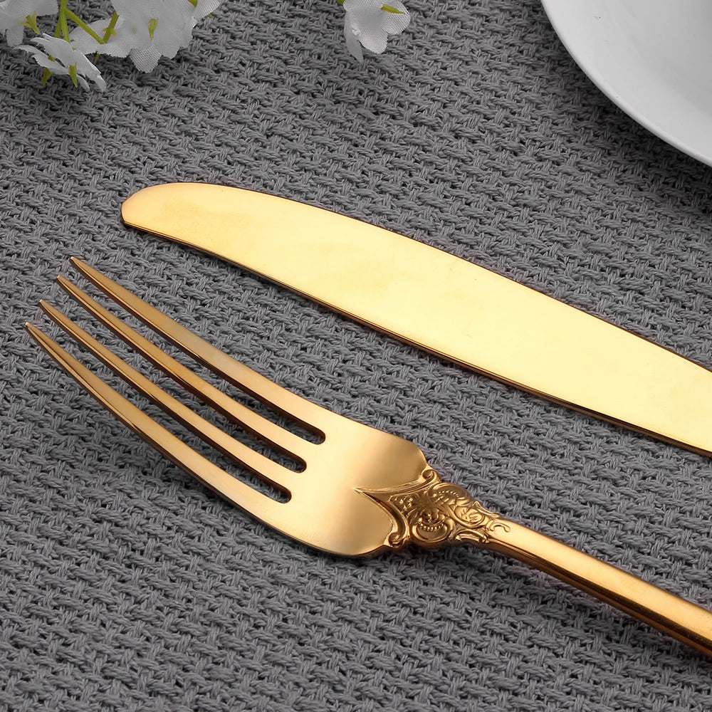 1Pcs Luxury Gold Cutlery Set Vintage Western Stainless Steel Tableware Kitchen Utensils Dinner Set Sliver Knife Fork Spoon