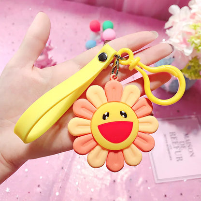 Korean Style Anime Silicone Rainbow Color Flower Key Chain For Women Cute Girls Keychain On Bag Car Trinket Wedding Party Gift