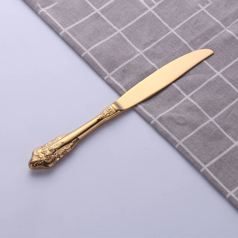 1Pcs Luxury Gold Cutlery Set Vintage Western Stainless Steel Tableware Kitchen Utensils Dinner Set Sliver Knife Fork Spoon