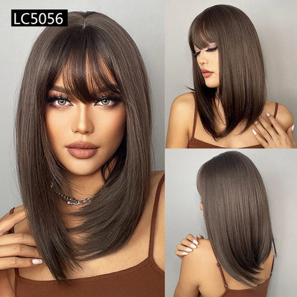 Element 16 Inch Synthetic Wig With Bangs Natural Headline Ombre Brown Color Fashion Cosplay Party Replacement Wigs for Women