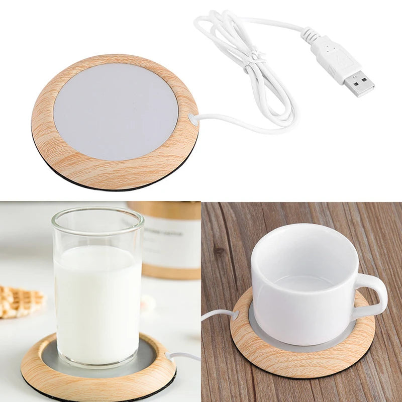 USB Warmer Mug Cup-Pad Gadget Wood Grain Milk Tea Drink USB Heater Tray Mug Pad Coaster Heating Office Gift