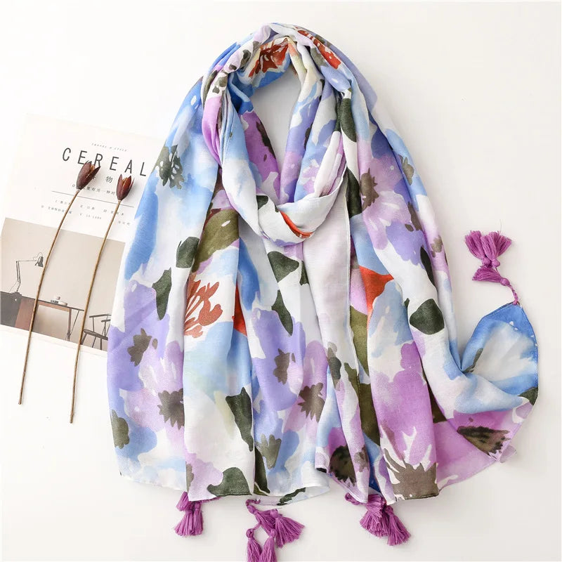 Luxury Brand Viscose Scarf for Women Floral Tassel Shawl Printed Wrap Pashminas Stole Muslim Woman Hijab Travel Beach Stoles