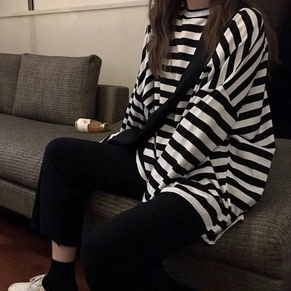 spring Autumn Women harajuku Striped Tshirt Long Sleeve O-Neck T-Shirts ulzzang Korean Casual  T Shirt Femme black Tops