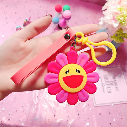 Korean Style Anime Silicone Rainbow Color Flower Key Chain For Women Cute Girls Keychain On Bag Car Trinket Wedding Party Gift