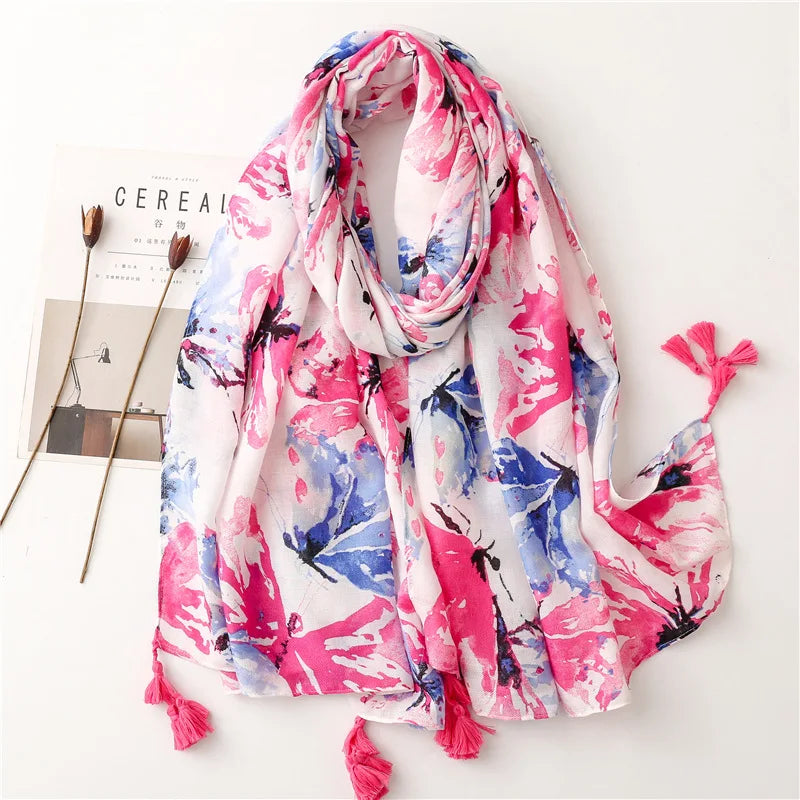 Luxury Brand Viscose Scarf for Women Floral Tassel Shawl Printed Wrap Pashminas Stole Muslim Woman Hijab Travel Beach Stoles