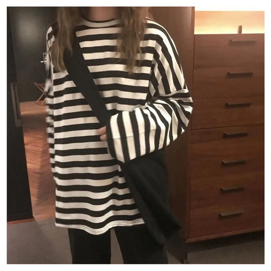 spring Autumn Women harajuku Striped Tshirt Long Sleeve O-Neck T-Shirts ulzzang Korean Casual  T Shirt Femme black Tops