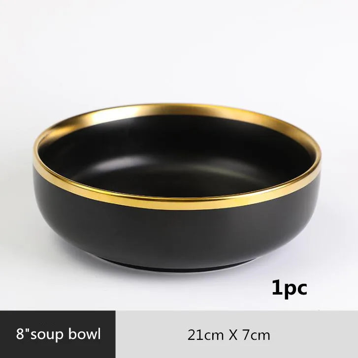 Gilt Rim Black Porcelain Dinner Plates Kitchen Dishes Ceramics Tableware Food Tray Rice Salad Noodles Bowl Cutlery Set