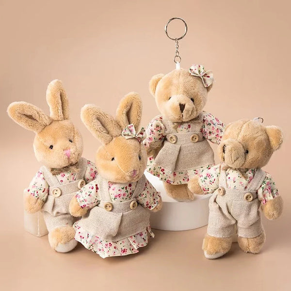 Cute Girls Country style Linen Teddy Bear Keychain Women Rabbit Couple Keychain On Bag Car Trinket Female Wedding Party Toy Gift