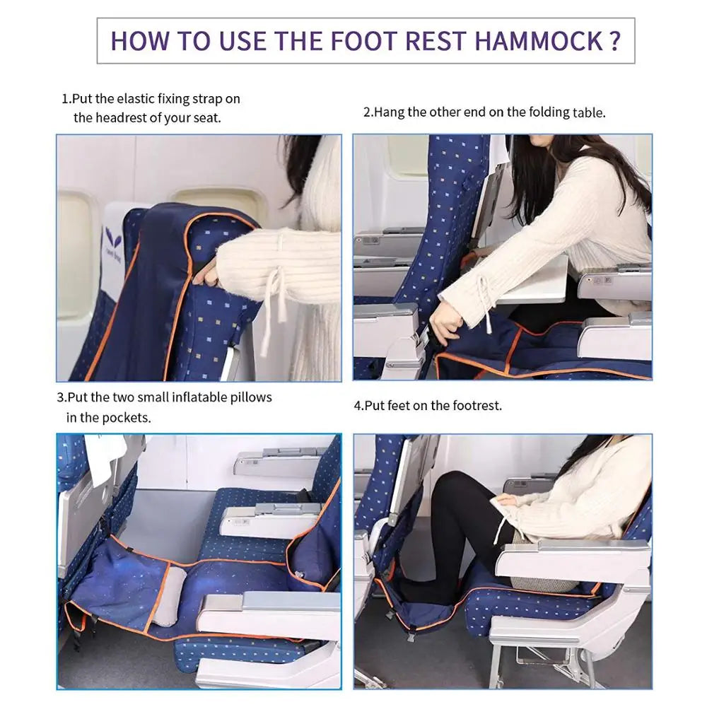 Adjustable Footrest Hammock with Inflatable Pillow Seat Cover for Planes Trains Buses