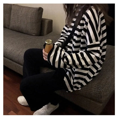 spring Autumn Women harajuku Striped Tshirt Long Sleeve O-Neck T-Shirts ulzzang Korean Casual  T Shirt Femme black Tops