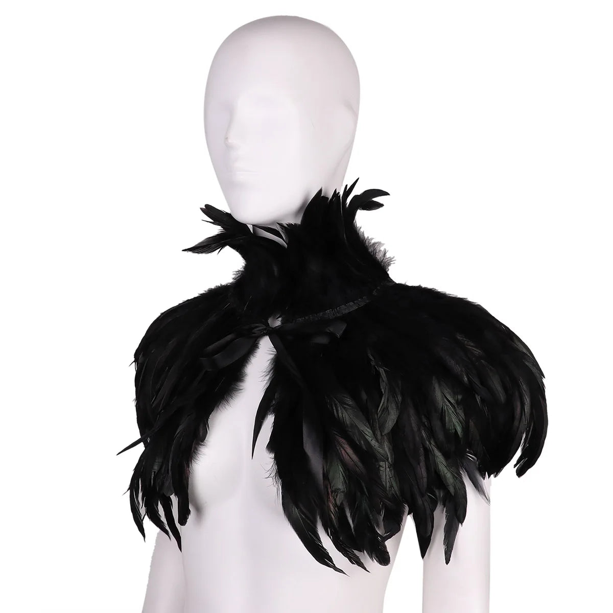 Black Gothic Victorian Natural Feather Cape Shawl Stole Poncho with Choker Collar for Halloween Cosplay Rave Party Costume