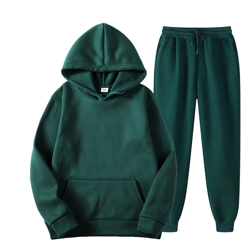 New Men Women Tracksuit Hoodies Casual Solid Color Thick Pullover and Long Pant 2-piece Set Men Autumn Fleece Jogger Sports Suit