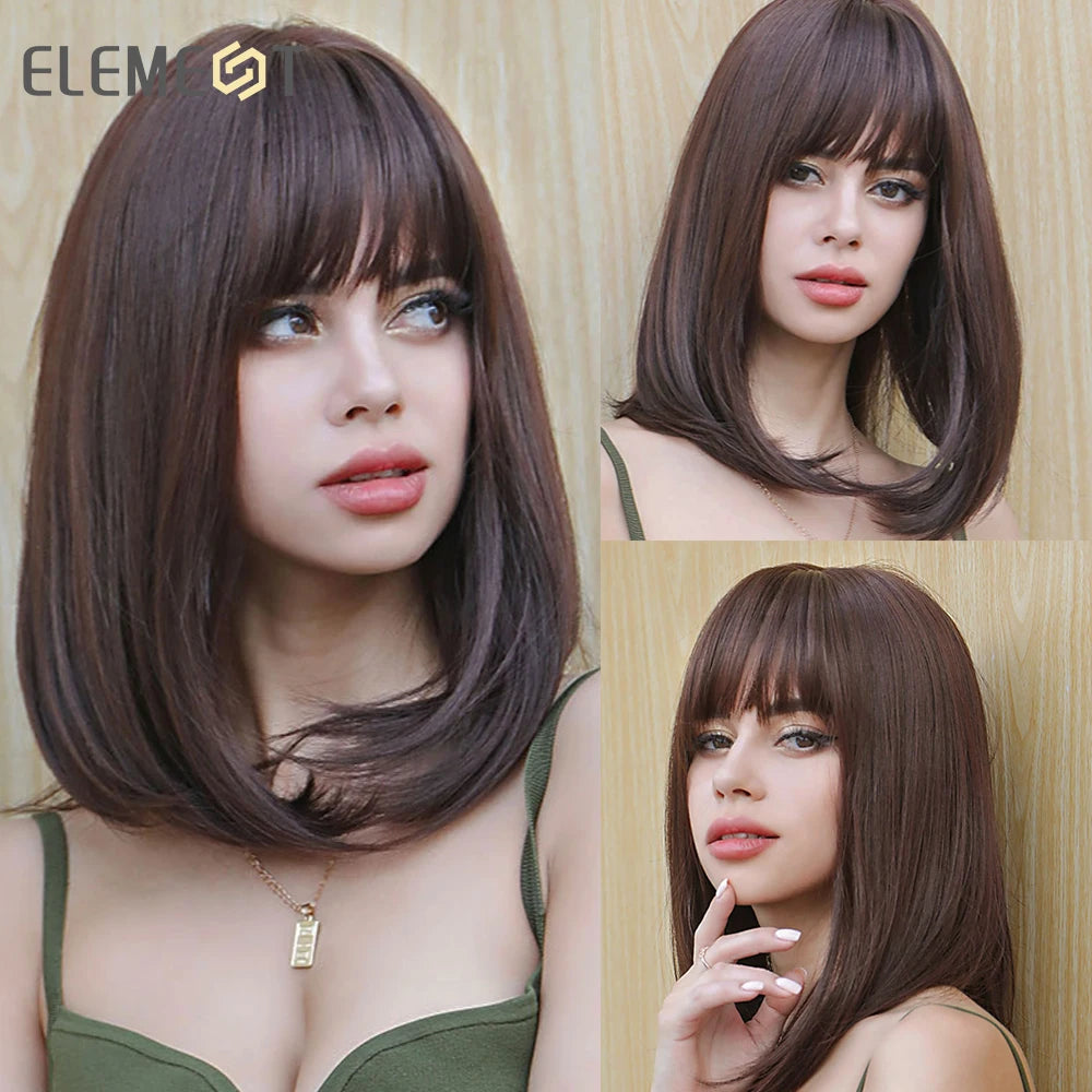 Element 16 Inch Synthetic Wig With Bangs Natural Headline Ombre Brown Color Fashion Cosplay Party Replacement Wigs for Women