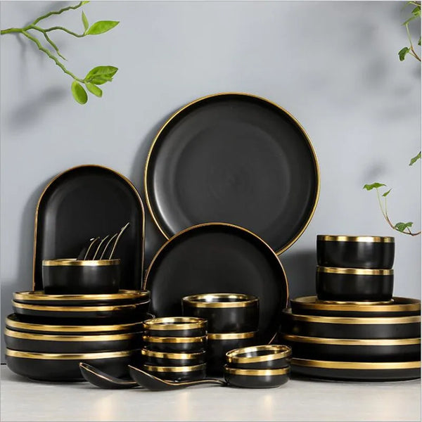 Gilt Rim Black Porcelain Dinner Plates Kitchen Dishes Ceramics Tableware Food Tray Rice Salad Noodles Bowl Cutlery Set