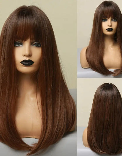 Element 16 Inch Synthetic Wig With Bangs Natural Headline Ombre Brown Color Fashion Cosplay Party Replacement Wigs for Women