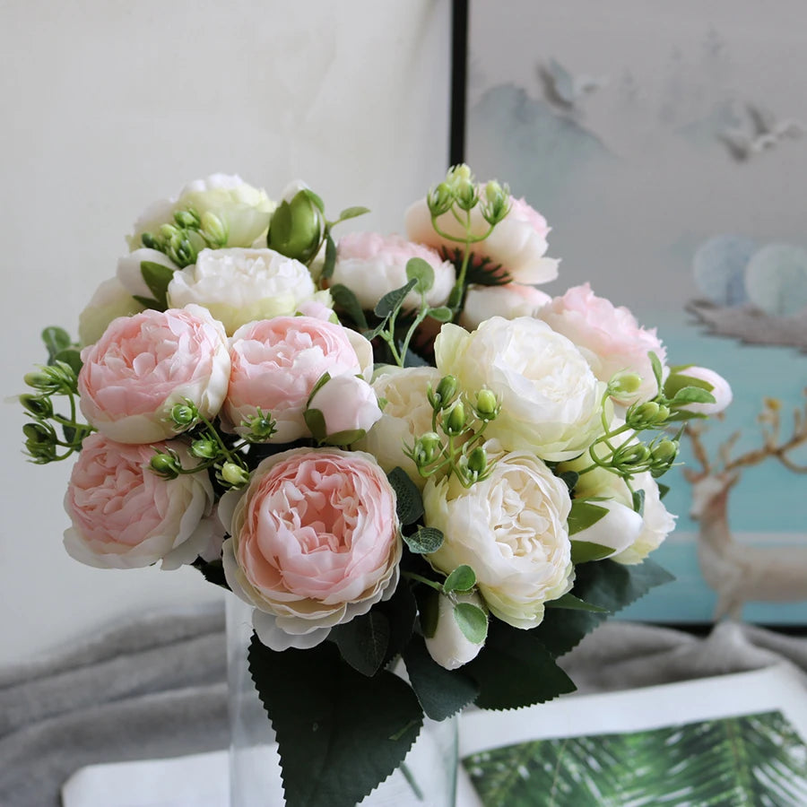 Artificial Flowers Peony Bouquet Silk Rose Vase for Home Decor Garden Wedding Decorative Fake Plants Christmas Garland Material