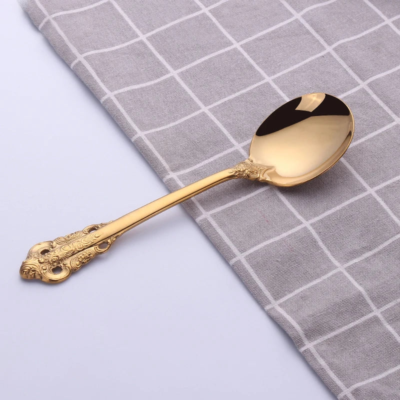 1Pcs Luxury Gold Cutlery Set Vintage Western Stainless Steel Tableware Kitchen Utensils Dinner Set Sliver Knife Fork Spoon