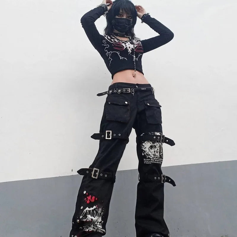 E-girl Gothic Black Cargo Pants Capri Women Low Waist Jeans Long Trousers Y2K Grunge Vintage Hip Hop Punk Harajuku Streetwear