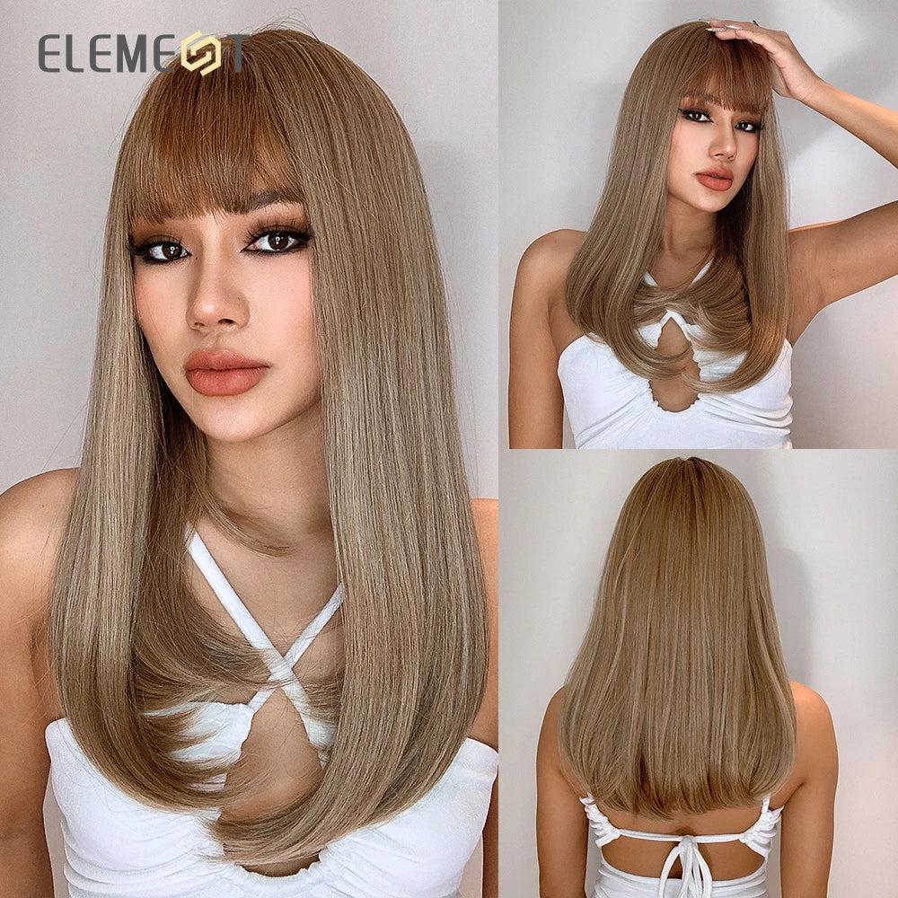 Element 16 Inch Synthetic Wig With Bangs Natural Headline Ombre Brown Color Fashion Cosplay Party Replacement Wigs for Women