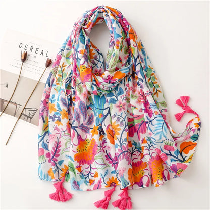 Luxury Brand Viscose Scarf for Women Floral Tassel Shawl Printed Wrap Pashminas Stole Muslim Woman Hijab Travel Beach Stoles