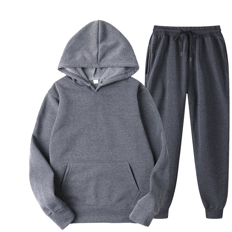 New Men Women Tracksuit Hoodies Casual Solid Color Thick Pullover and Long Pant 2-piece Set Men Autumn Fleece Jogger Sports Suit