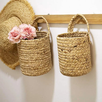 Household Foldable Woven Storage Basket Plant Wicker Hanging Baskets Garden Flower Vase Foldable Flower Pots Storage Basket