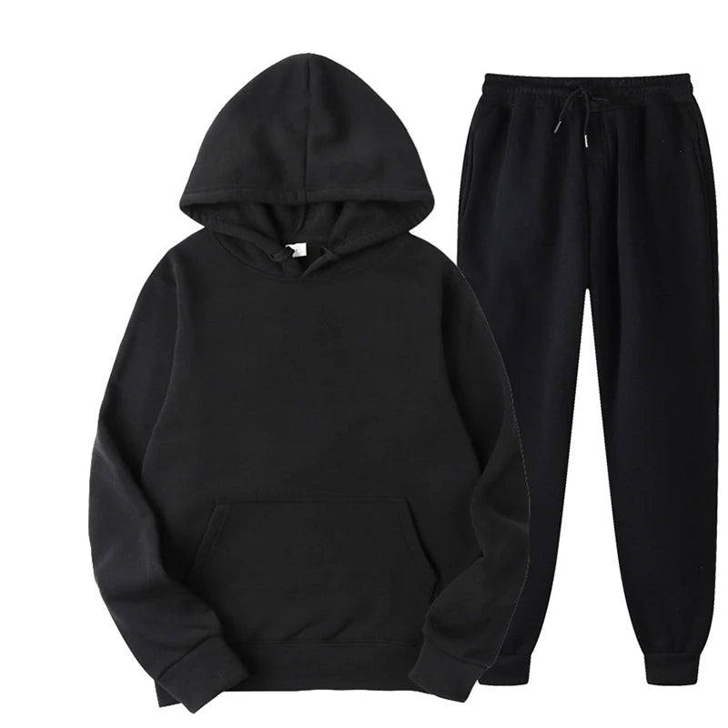 New Men Women Tracksuit Hoodies Casual Solid Color Thick Pullover and Long Pant 2-piece Set Men Autumn Fleece Jogger Sports Suit