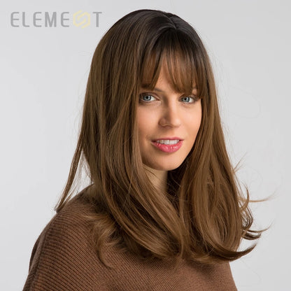 Element 16 Inch Synthetic Wig With Bangs Natural Headline Ombre Brown Color Fashion Cosplay Party Replacement Wigs for Women