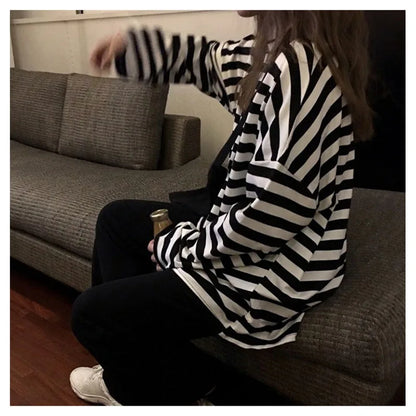 spring Autumn Women harajuku Striped Tshirt Long Sleeve O-Neck T-Shirts ulzzang Korean Casual  T Shirt Femme black Tops