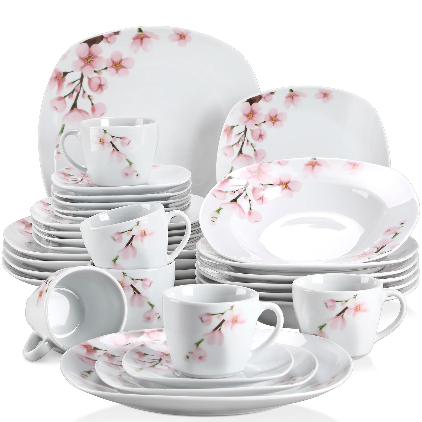 VEWEET ANNIE 60-Piece White Ceramic Pink Floral Porcelain Plate Set with Dinner Soup Dessert Plate ,Cups Saucers for 12 Person