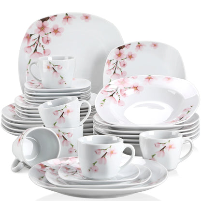 VEWEET ANNIE 60-Piece White Ceramic Pink Floral Porcelain Plate Set with Dinner Soup Dessert Plate ,Cups Saucers for 12 Person