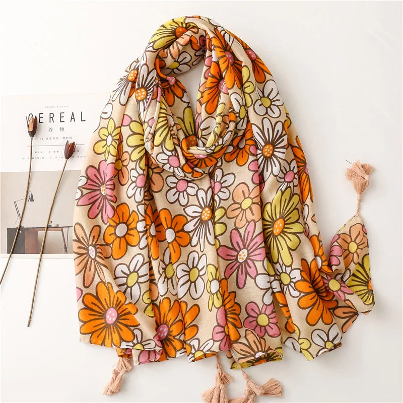 Luxury Brand Viscose Scarf for Women Floral Tassel Shawl Printed Wrap Pashminas Stole Muslim Woman Hijab Travel Beach Stoles