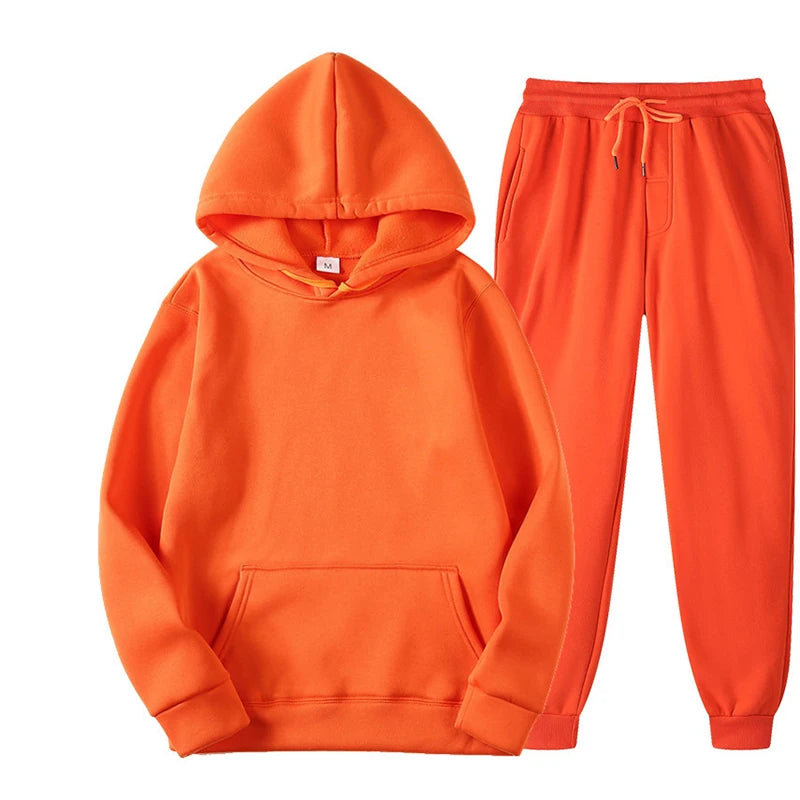 New Men Women Tracksuit Hoodies Casual Solid Color Thick Pullover and Long Pant 2-piece Set Men Autumn Fleece Jogger Sports Suit