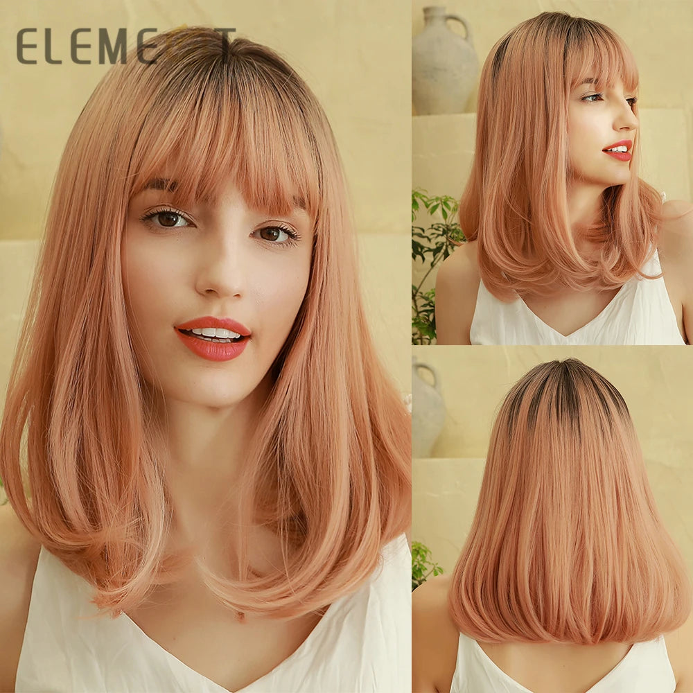 Element 16 Inch Synthetic Wig With Bangs Natural Headline Ombre Brown Color Fashion Cosplay Party Replacement Wigs for Women