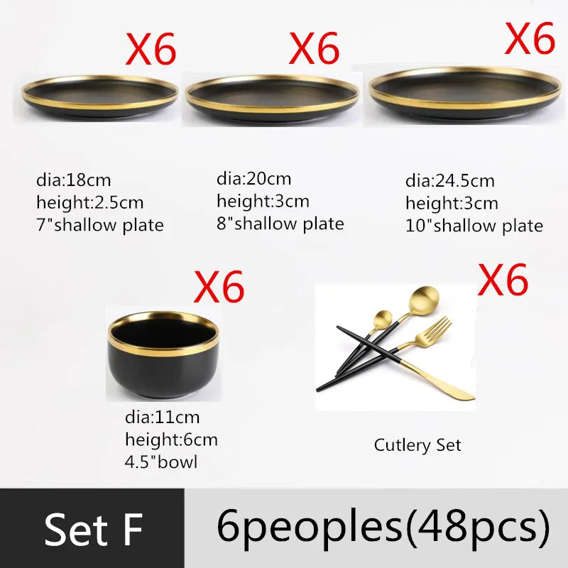 Gilt Rim Black Porcelain Dinner Plates Kitchen Dishes Ceramics Tableware Food Tray Rice Salad Noodles Bowl Cutlery Set