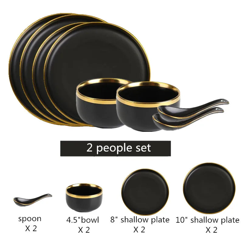 Gilt Rim Black Porcelain Dinner Plates Kitchen Dishes Ceramics Tableware Food Tray Rice Salad Noodles Bowl Cutlery Set