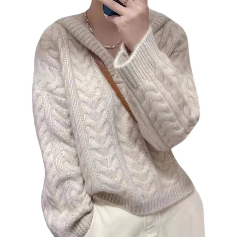 Autumn and winter hooded pullover pure cashmere sweater sweater new languid lazy loose knitting sweater women add thick twist sw