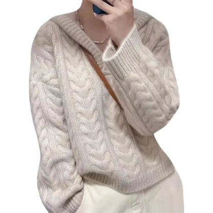 Autumn and winter hooded pullover pure cashmere sweater sweater new languid lazy loose knitting sweater women add thick twist sw