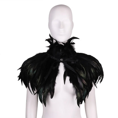 Black Gothic Victorian Natural Feather Cape Shawl Stole Poncho with Choker Collar for Halloween Cosplay Rave Party Costume