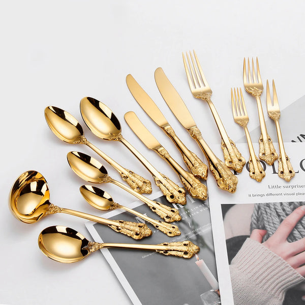 1Pcs Luxury Gold Cutlery Set Vintage Western Stainless Steel Tableware Kitchen Utensils Dinner Set Sliver Knife Fork Spoon