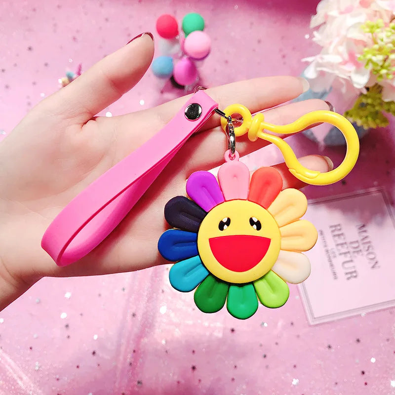 Korean Style Anime Silicone Rainbow Color Flower Key Chain For Women Cute Girls Keychain On Bag Car Trinket Wedding Party Gift