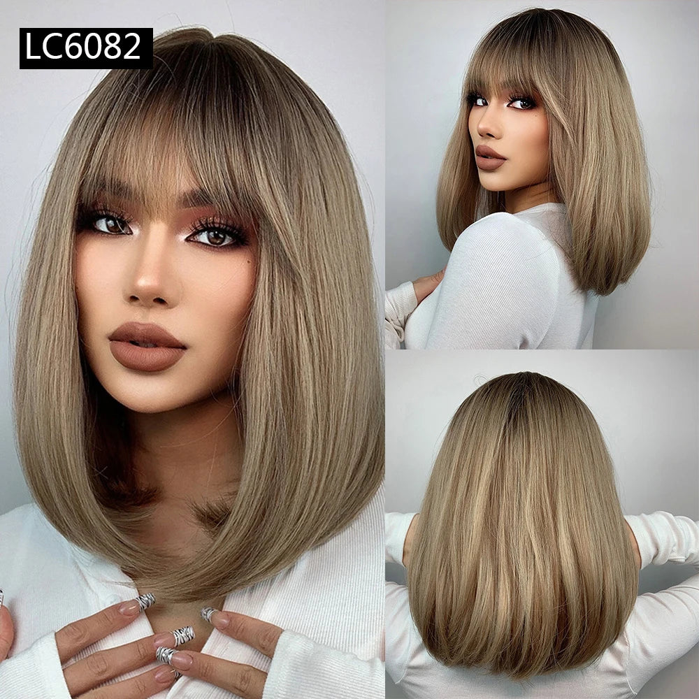 Element 16 Inch Synthetic Wig With Bangs Natural Headline Ombre Brown Color Fashion Cosplay Party Replacement Wigs for Women