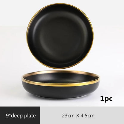 Gilt Rim Black Porcelain Dinner Plates Kitchen Dishes Ceramics Tableware Food Tray Rice Salad Noodles Bowl Cutlery Set