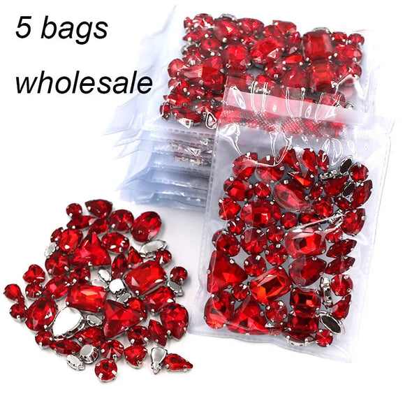 Wholesale 5 bags mixed shape silver base sewing glass rhinestone crystal Red rhinestones for clothing/wedding dress