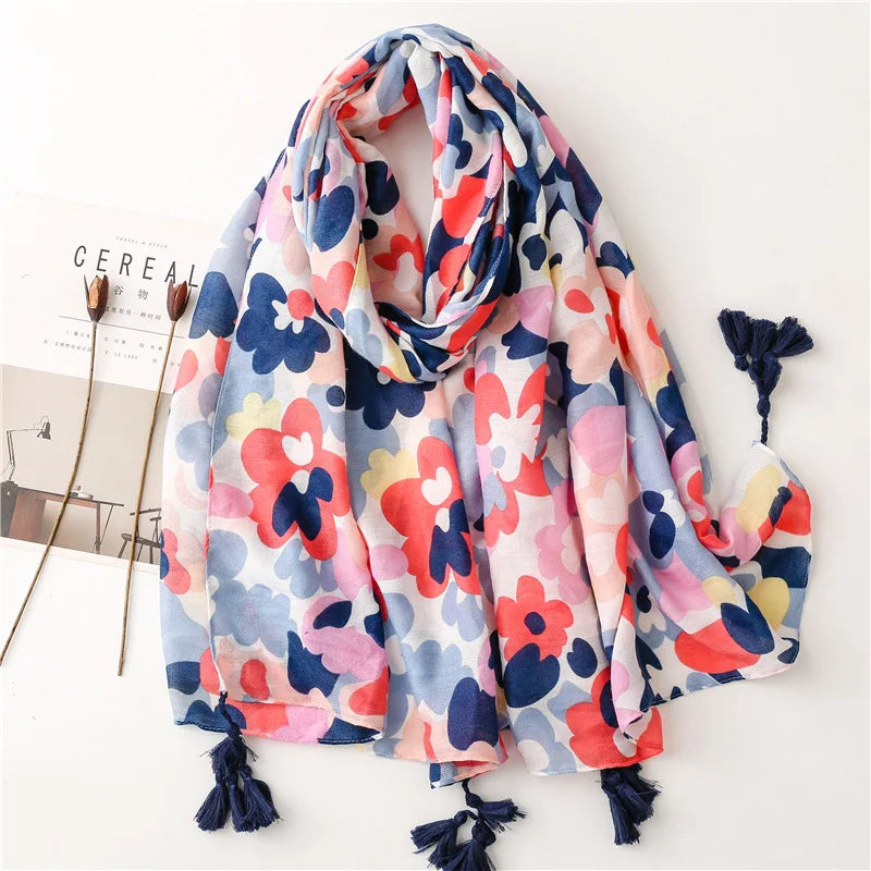 Luxury Brand Viscose Scarf for Women Floral Tassel Shawl Printed Wrap Pashminas Stole Muslim Woman Hijab Travel Beach Stoles