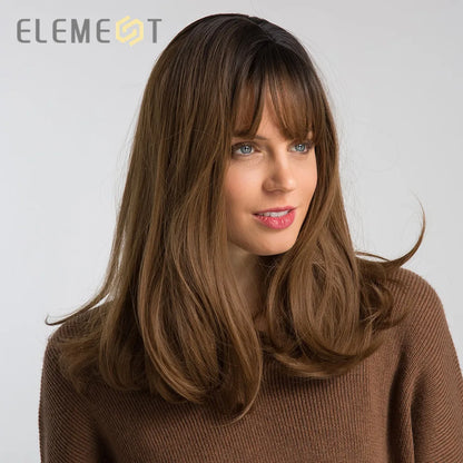 Element 16 Inch Synthetic Wig With Bangs Natural Headline Ombre Brown Color Fashion Cosplay Party Replacement Wigs for Women